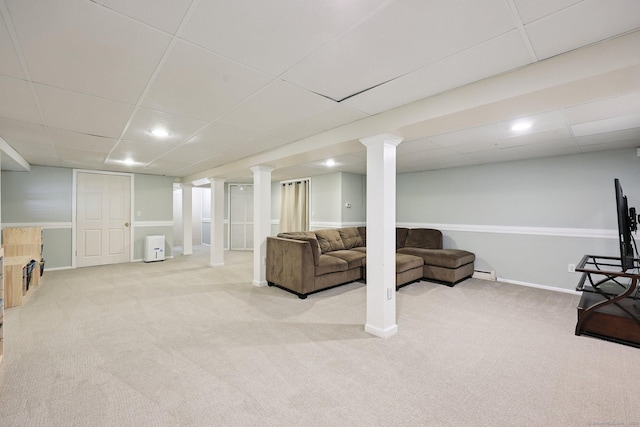 82 Shipman Dr, Glastonbury, CT 06033 - finished below grade area with a paneled ceiling, carpet floors, a baseboard heating unit, and recessed lighting