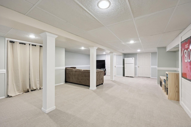 82 Shipman Dr, Glastonbury, CT 06033 - finished below grade area featuring freestanding refrigerator, carpet, and recessed lighting