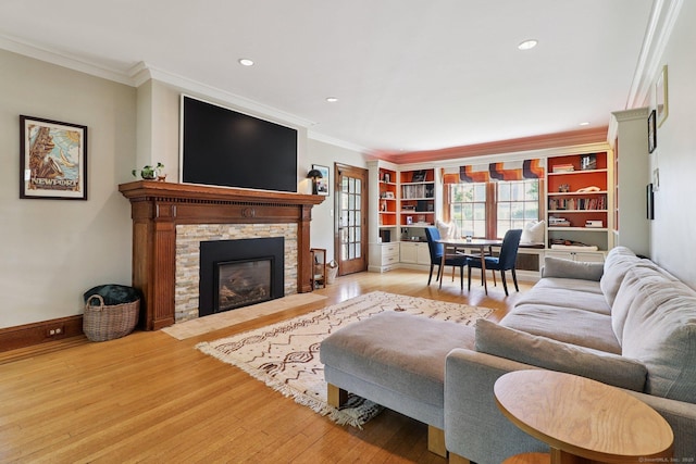 110 Westwood Rd, New Haven, CT 06515 - living room featuring wood finished floors, a fireplace, ornamental molding, and recessed lighting