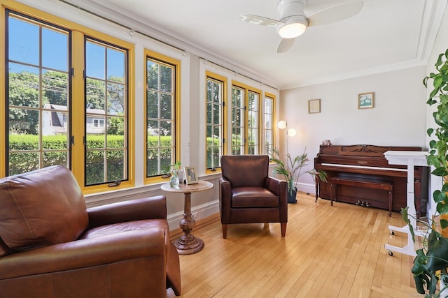 110 Westwood Rd, New Haven, CT 06515 - living area with a ceiling fan, crown molding, and light wood finished floors