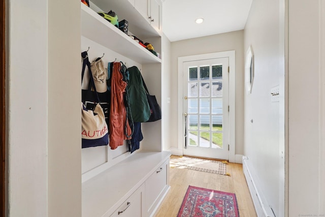 110 Westwood Rd, New Haven, CT 06515 - mudroom featuring light wood finished floors, a baseboard heating unit, and recessed lighting