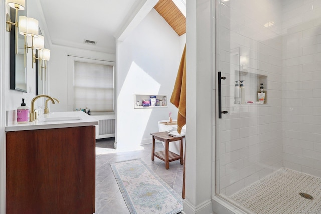 110 Westwood Rd, New Haven, CT 06515 - bathroom with a stall shower, vanity, and tile patterned floors