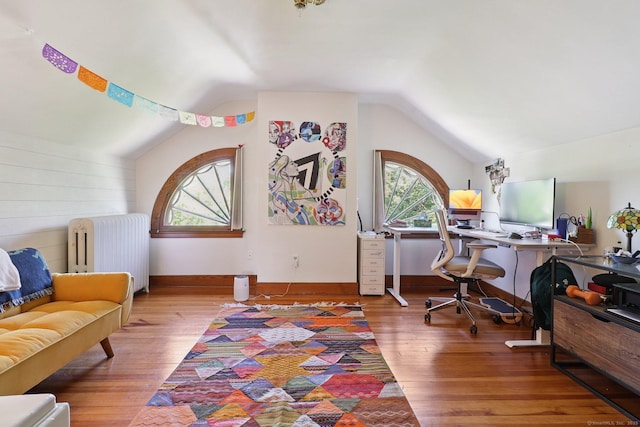 110 Westwood Rd, New Haven, CT 06515 - home office with radiator heating unit, lofted ceiling, and wood finished floors
