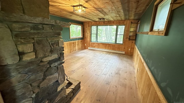 6 Rocky Cove Ln, Cornwall, CT 06796 - unfurnished living room with a baseboard radiator, wood ceiling, light wood-style floors, and wood walls