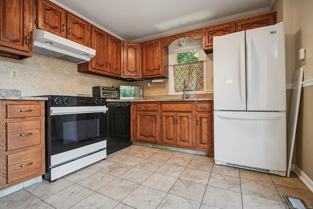 39 Wells Ave, Shelton, CT 06484 - kitchen featuring freestanding refrigerator, under cabinet range hood, electric range, dishwasher, and backsplash