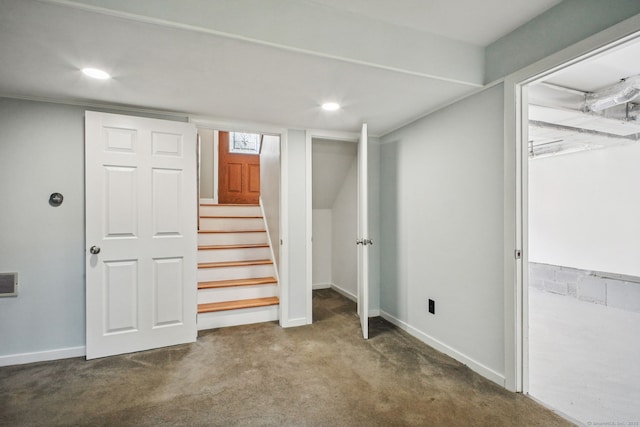 39 Wells Ave, Shelton, CT 06484 - below grade area featuring stairway, carpet flooring, and recessed lighting