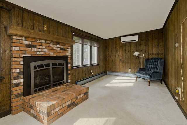 282 Halladay Dr, Suffield, CT 06093 - unfurnished living room featuring a wall mounted air conditioner, wooden walls, a baseboard radiator, light carpet, and a brick fireplace