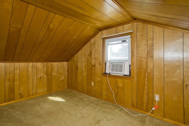 282 Halladay Dr, Suffield, CT 06093 - bonus room with lofted ceiling, wooden walls, wood ceiling, cooling unit, and carpet flooring