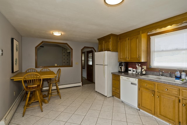 26 Sandpiper Rd, Enfield, CT 06082 - kitchen featuring white appliances, a baseboard heating unit, light tile patterned floors, and brown cabinets