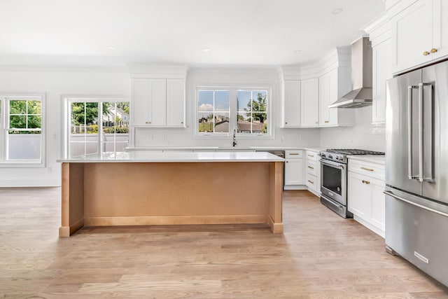 LotA Roseville Street, Fairfield, CT 06825 - kitchen with high quality appliances, wall chimney exhaust hood, a center island, light wood-style floors, and backsplash