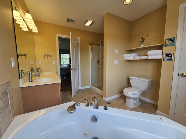 41 Mesa Dr, Bethany, CT 06524 - bathroom featuring a jetted tub, a shower stall, double vanity, and tile patterned flooring