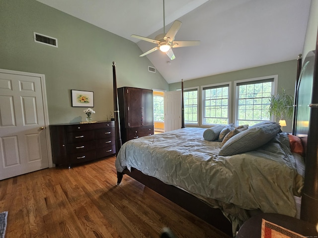 41 Mesa Dr, Bethany, CT 06524 - bedroom with high vaulted ceiling, wood finished floors, and a ceiling fan