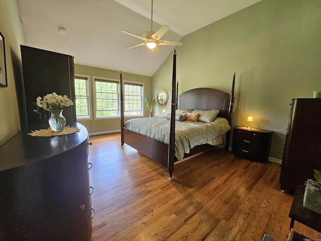 41 Mesa Dr, Bethany, CT 06524 - bedroom with a baseboard heating unit, wood finished floors, high vaulted ceiling, and a ceiling fan