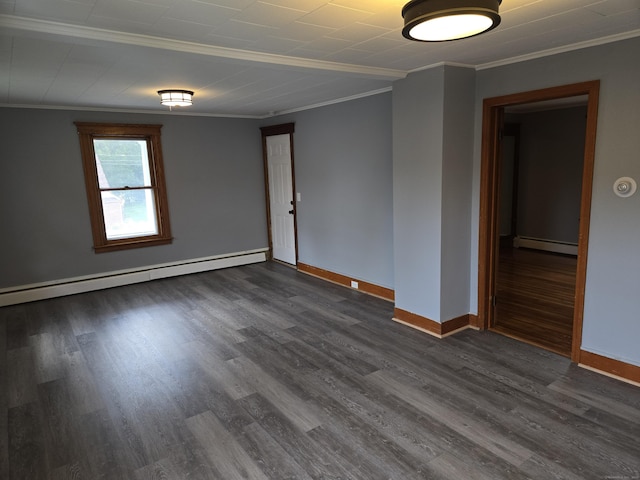 64 Pine St, Torrington, CT 06790 - empty room with a baseboard heating unit, crown molding, and dark wood-type flooring