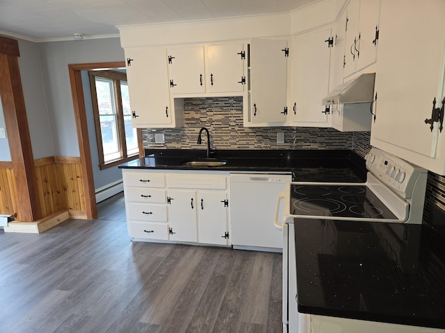 64 Pine St, Torrington, CT 06790 - kitchen featuring range with electric stovetop, white dishwasher, a baseboard heating unit, dark wood-type flooring, and dark countertops