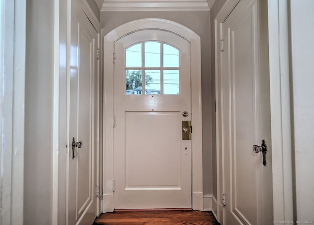 345 Spring St, Cheshire, CT 06410 - doorway featuring crown molding and dark wood finished floors