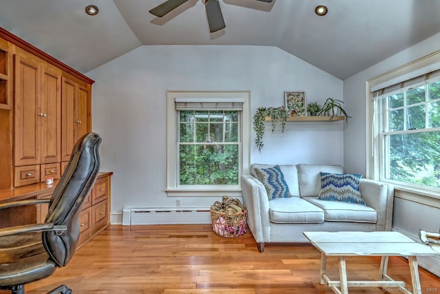 345 Spring St, Cheshire, CT 06410 - office space with a baseboard radiator, lofted ceiling, a ceiling fan, light wood-style floors, and recessed lighting