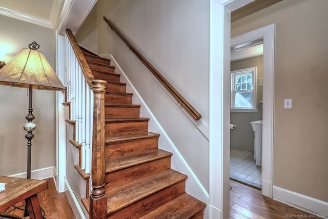 345 Spring St, Cheshire, CT 06410 - stairway featuring hardwood / wood-style flooring and crown molding