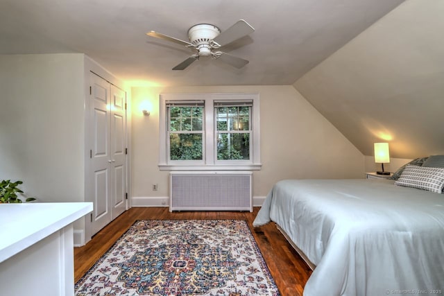 345 Spring St, Cheshire, CT 06410 - bedroom with radiator heating unit, wood finished floors, vaulted ceiling, and ceiling fan