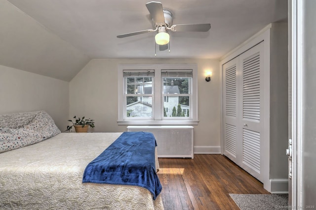 345 Spring St, Cheshire, CT 06410 - bedroom featuring radiator, wood-type flooring, a closet, lofted ceiling, and ceiling fan