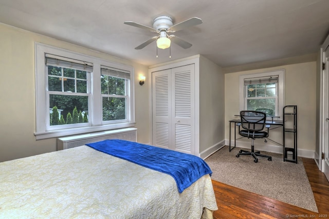 345 Spring St, Cheshire, CT 06410 - bedroom with radiator, a closet, dark wood finished floors, and ceiling fan