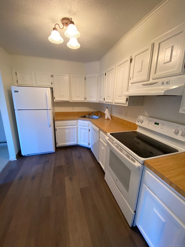 255 Strawberry Hill Ave Unit D4, Stamford, CT 06902 - kitchen featuring white appliances, under cabinet range hood, a textured ceiling, white cabinetry, and dark wood-type flooring