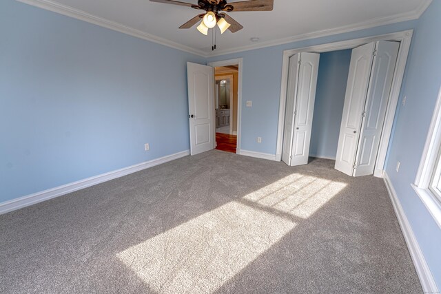 193 Woodland St, Bristol, CT 06010 - unfurnished bedroom featuring carpet floors, ornamental molding, a closet, and ceiling fan