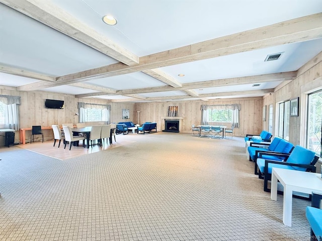 13 Hills Ln Unit 13, Westport, CT 06880 - building lobby featuring beam ceiling, wood walls, and coffered ceiling