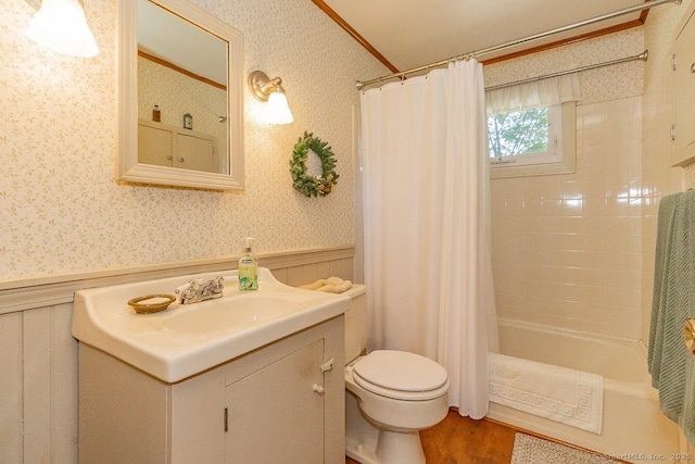 39 Mohawk Ln, Wethersfield, CT 06109 - bathroom with wallpapered walls, wainscoting, vanity, shower / bath combo, and wood finished floors