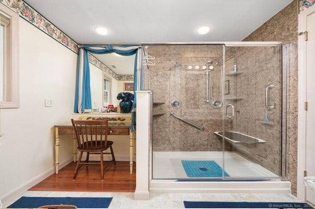 135 Harvest Woods Rd, Middlefield, CT 06481 - full bath featuring a shower stall, vanity, and wood finished floors