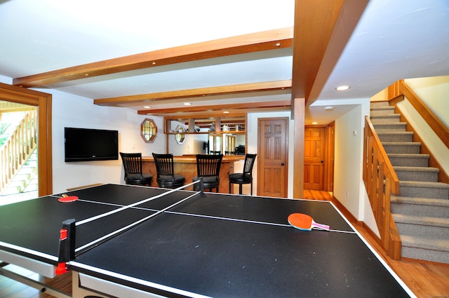 11 Brianwood Ln, Granby, CT 06035 - rec room with a bar, recessed lighting, and beamed ceiling