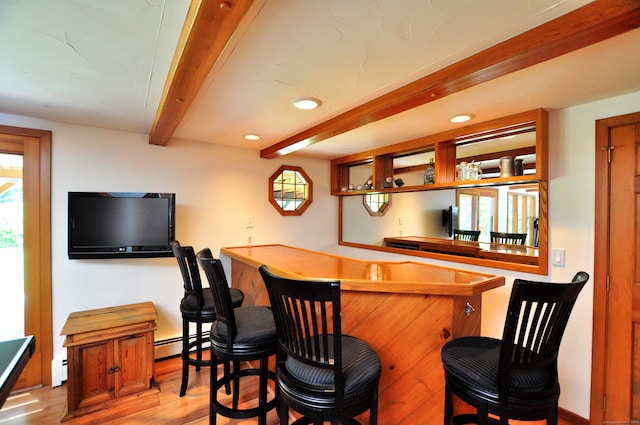 11 Brianwood Ln, Granby, CT 06035 - indoor wet bar with wood finished floors, a baseboard radiator, beamed ceiling, and recessed lighting