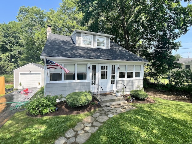 10 George St, Trumbull, CT 06611 - view of front facade with an outdoor structure, a chimney, a garage, a shingled roof, and entry steps