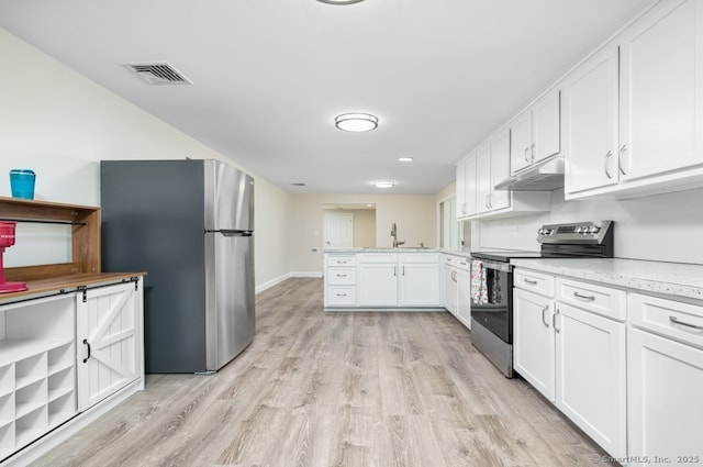1037 Bartholomew Rd, Middletown, CT 06457 - kitchen with appliances with stainless steel finishes, under cabinet range hood, a peninsula, white cabinets, and light wood-style floors