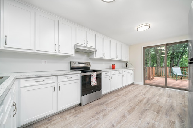 1037 Bartholomew Rd, Middletown, CT 06457 - kitchen featuring stainless steel electric range oven, under cabinet range hood, white cabinets, and light wood finished floors