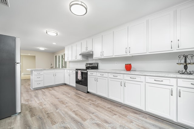 1037 Bartholomew Rd, Middletown, CT 06457 - kitchen with electric range, freestanding refrigerator, under cabinet range hood, white cabinetry, and light wood-style flooring