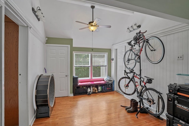 57 Lakeview Ave, Hamden, CT 06514 - rec room featuring a ceiling fan, wood-type flooring, and wood walls