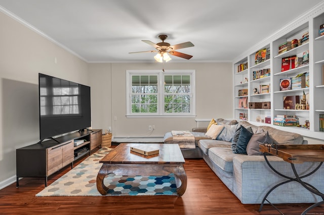 60 Ledgeview Ln, Guilford, CT 06437 - living room with a baseboard heating unit, ceiling fan, dark wood-style flooring, and crown molding