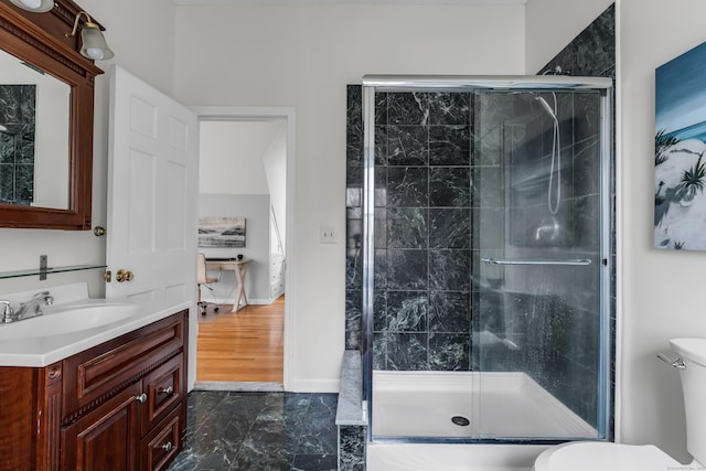 60 Ledgeview Ln, Guilford, CT 06437 - full bath featuring vanity, a shower stall, and marble finish floors