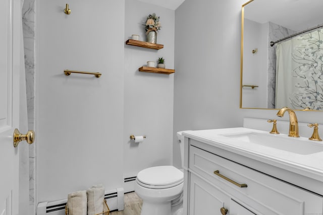 60 Ledgeview Ln, Guilford, CT 06437 - bathroom featuring vanity, baseboard heating, wood finished floors, and a shower with shower curtain
