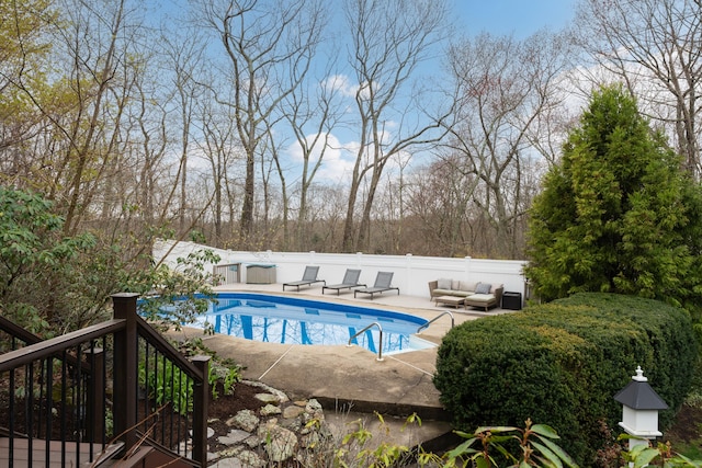 60 Ledgeview Ln, Guilford, CT 06437 - view of swimming pool with an outdoor hangout area, a patio, a fenced backyard, and stairs