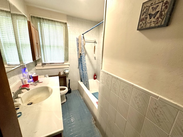 734 Howe Ave, Shelton, CT 06484 - full bathroom with tile patterned floors, vanity, shower / tub combo, tile walls, and wainscoting