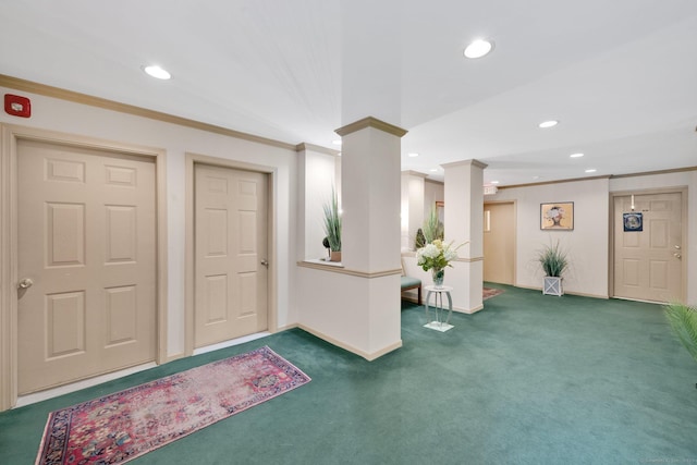 205 Windgate Cir Unit A, Monroe, CT 06468 - entryway featuring ornamental molding, recessed lighting, carpet flooring, and ornate columns