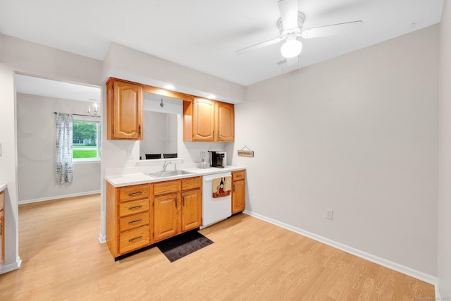 205 Windgate Cir Unit A, Monroe, CT 06468 - kitchen featuring white dishwasher, light wood-style flooring, light countertops, and a ceiling fan