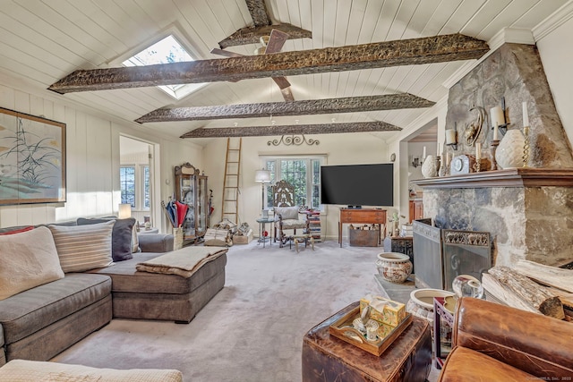 25 Brookbridge Dr, Newtown, CT 06482 - carpeted living room with a skylight, a fireplace, built in features, and wood ceiling
