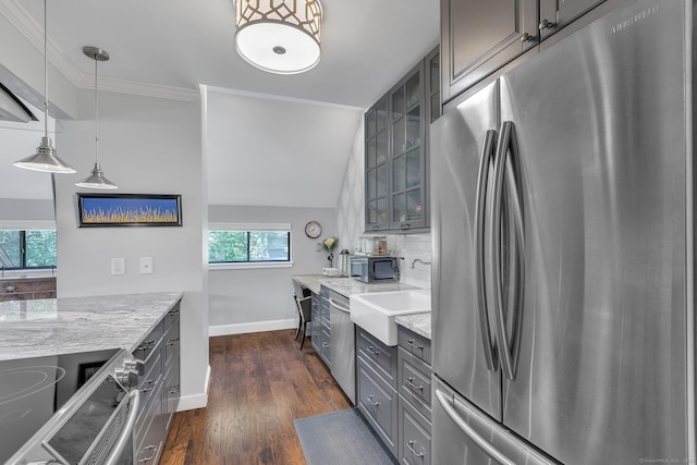 17 Crocus Ln Unit 17, Farmington, CT 06001 - kitchen featuring appliances with stainless steel finishes, gray cabinets, glass insert cabinets, light stone countertops, and dark wood finished floors