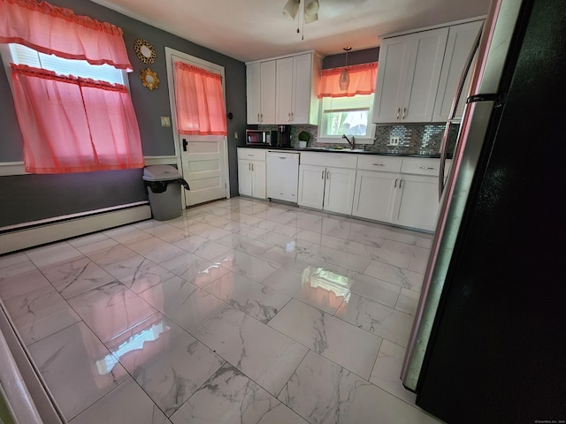 1014 N Worthy St, Windsor, CT 06095 - kitchen featuring freestanding refrigerator, dishwasher, dark countertops, and light marble finish flooring