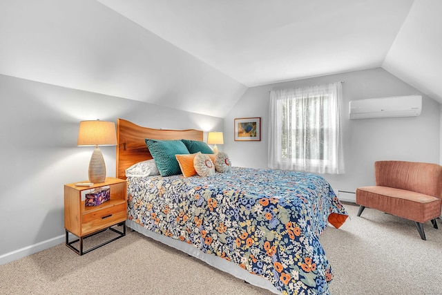 130 Irving St, Groton, CT 06355 - bedroom with a wall mounted AC, carpet flooring, lofted ceiling, and a baseboard heating unit