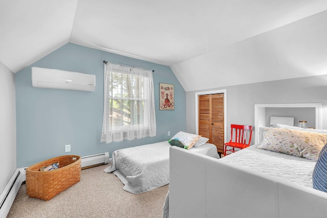 130 Irving St, Groton, CT 06355 - bedroom with a wall mounted AC, a baseboard radiator, vaulted ceiling, and carpet