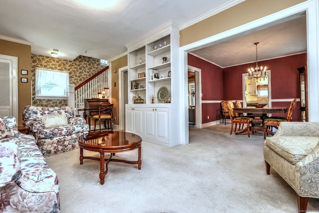 21 Oakwood Ave, Waterbury, CT 06708 - living area featuring a chandelier, stairway, carpet flooring, crown molding, and wallpapered walls